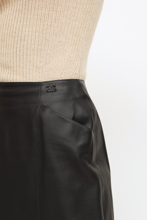 Chanel Fall 2002 Black Leather Fur Trim Skirt