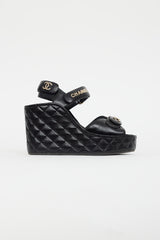 Chanel Black & Gold Quilted Leather Wedge Sandal