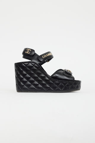 Chanel Black & Gold Quilted Leather Wedge Sandal