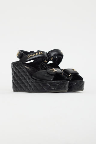 Chanel Black & Gold Quilted Leather Wedge Sandal