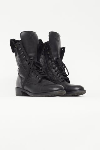 Chanel Black Leather Quilted Shearling Combat Boot