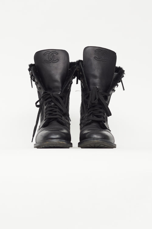 Chanel Black Leather Quilted Shearling Combat Boot