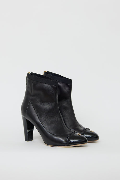 Chanel Black Leather Ruffled Ankle Boot