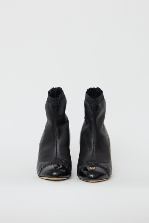 Chanel Black Leather Ruffled Ankle Boot