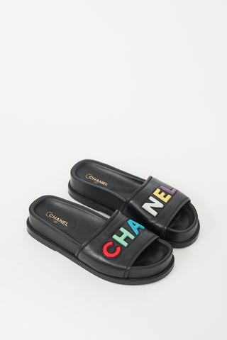 Chanel Black & Multicolour Leather Logo Slide