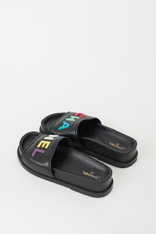 Chanel Black & Multicolour Leather Logo Slide