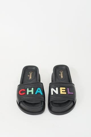 Chanel Black & Multicolour Leather Logo Slide