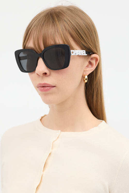 Chanel Black & White 5422-B Embellished Logo Sunglasses