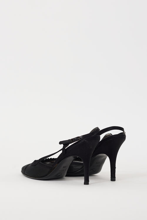 Chanel Black Mesh Ruffled Logo Heel