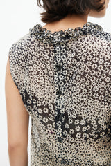 Chanel Spring 2003 Black & Cream Semi Sheer Ruffle Blouse
