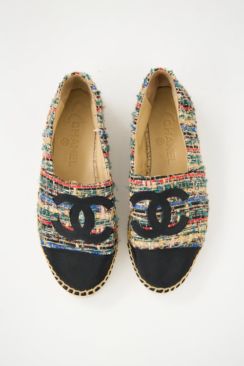Chanel Black & Multicolour Tweed CC Espadrille Flat