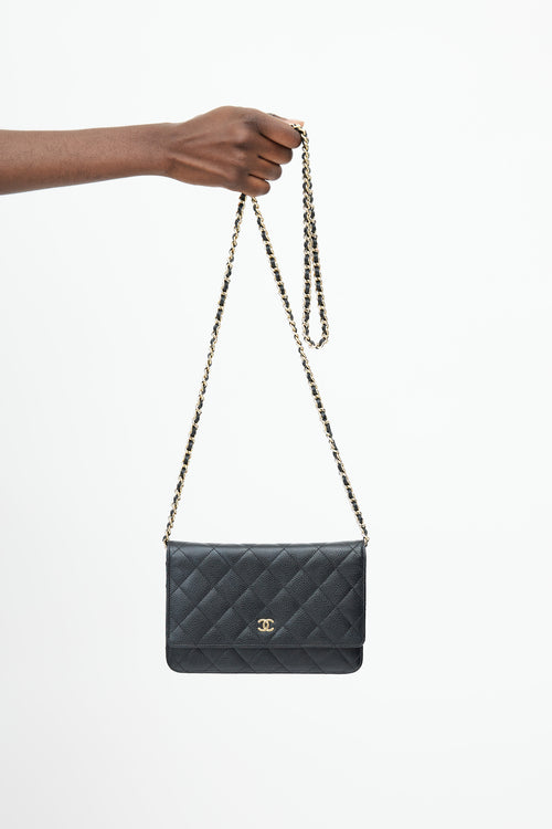 Chanel Black & Gold Quilted Caviar Wallet On Chain