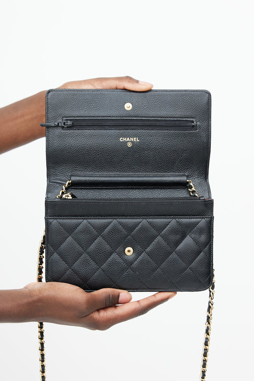 Chanel Black & Gold Quilted Caviar Wallet On Chain
