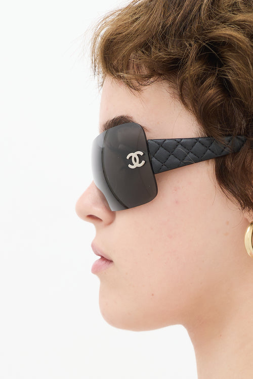 Chanel Black Quilted Leather 4157-Q Rimless Shield Sunglasses