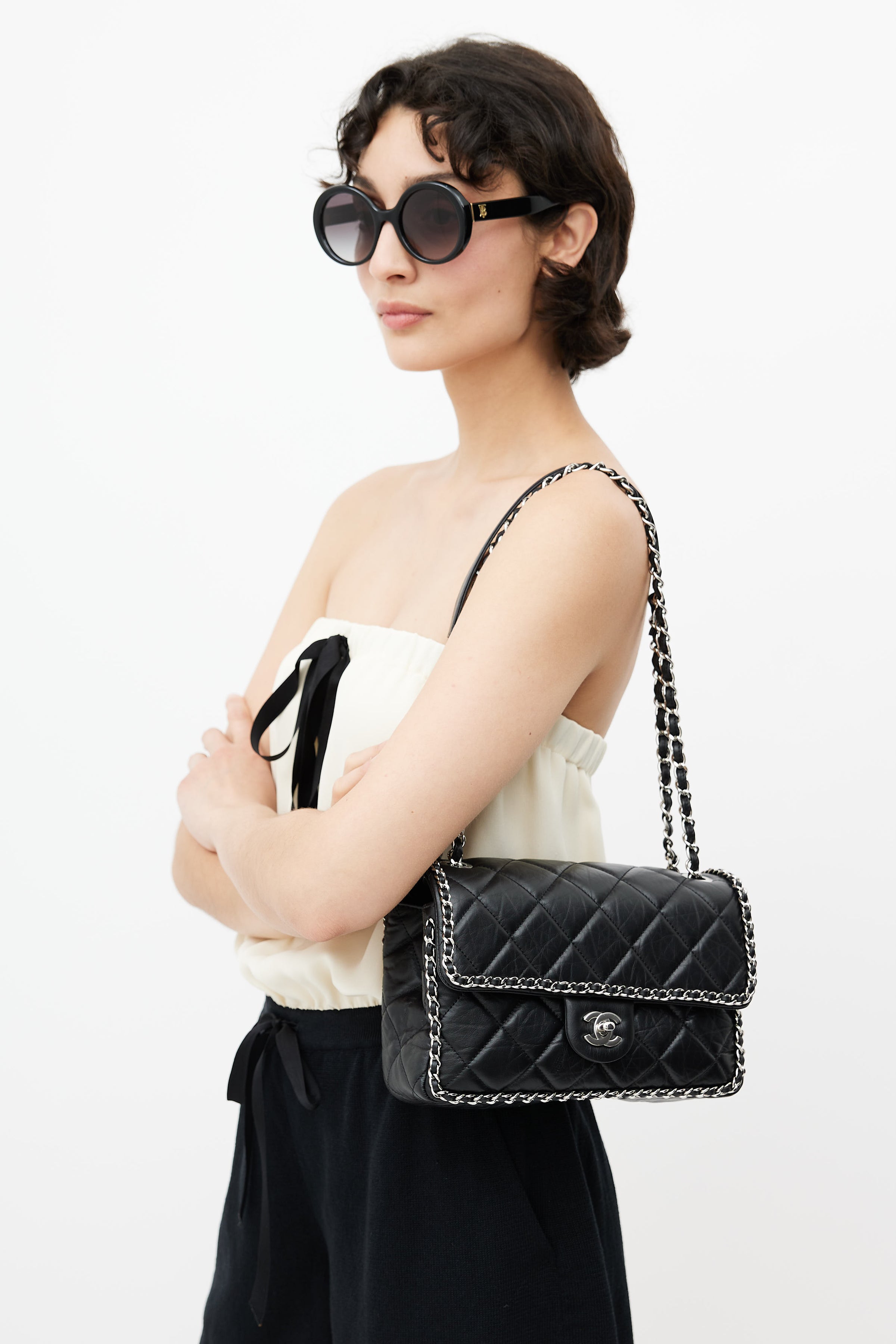 Chanel Black Quilted Distressed Calfskin Crossbody Aged Silver