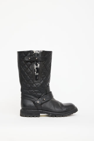 Chanel Black Quilted Leather & Knit Boot