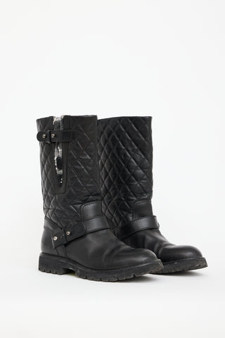 Chanel Black Quilted Leather & Knit Boot