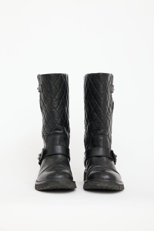 Chanel Black Quilted Leather & Knit Boot
