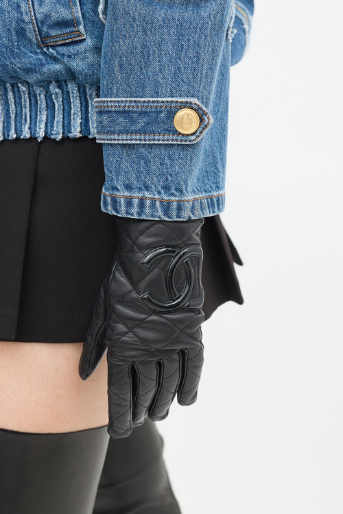 Chanel Black Quilted Leather & Patent CC Gloves