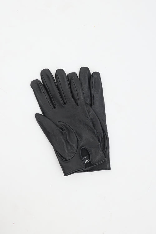 Chanel Black Quilted Leather & Patent CC Gloves