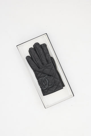 Chanel Black Quilted Leather & Patent CC Gloves