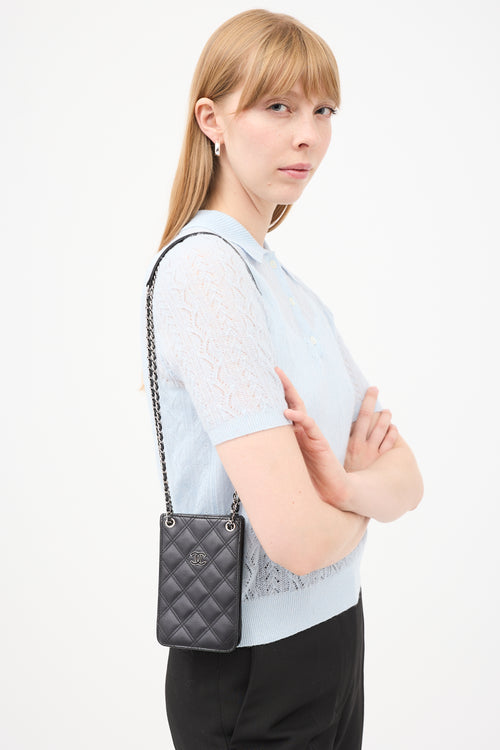 2014 Black Quilted Leather Phone Holder Crossbody Bag