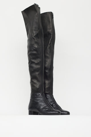 Chanel Black Leather Quilted Knee High Boot