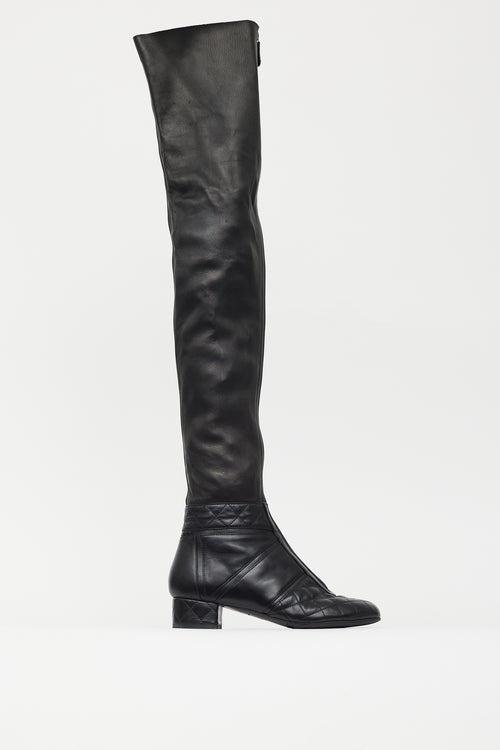 Chanel Black Leather Quilted Knee High Boot