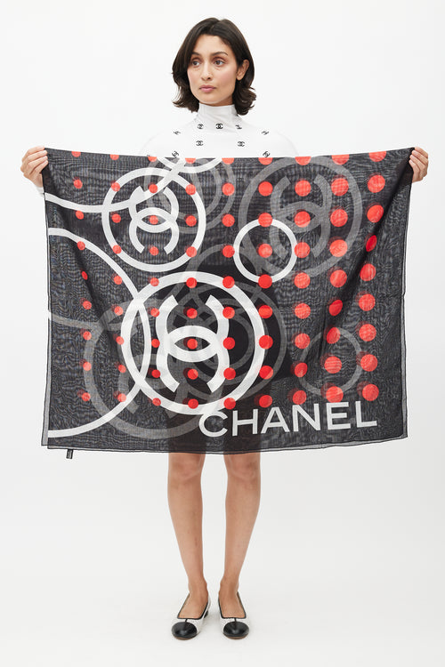 Chanel Black & Red Polkadot Logo Scarf