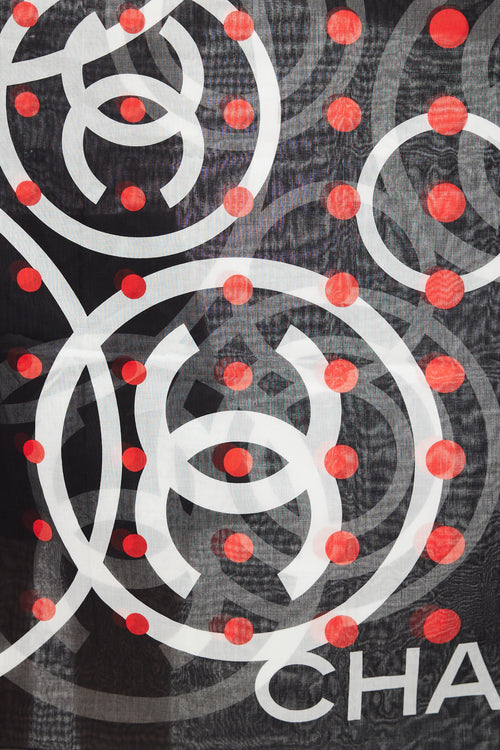 Chanel Black & Red Polkadot Logo Scarf