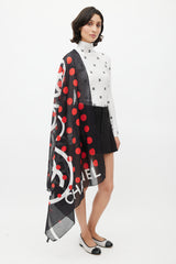 Chanel Black & Red Polkadot Logo Scarf