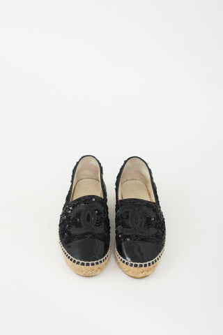 Chanel Black Sequin & Patent CC Logo Espadrille