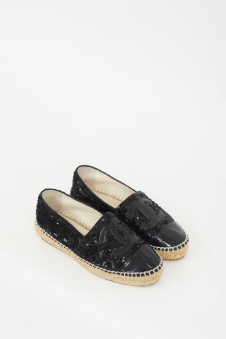 Chanel Black Sequin & Patent CC Logo Espadrille
