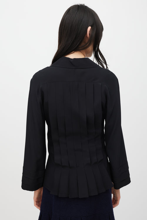 Chanel Black Silk Pleated CC Button Shirt