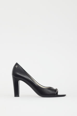 Chanel Black & Silver CC Chain Peep Toe Pump