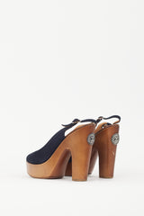 Chanel Black Suede & Wooden Platform CC Slingback Sandal