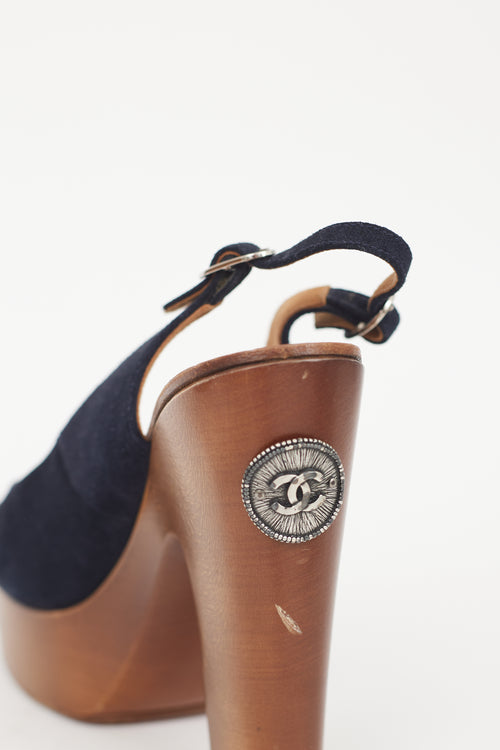 Chanel Black Suede & Wooden Platform CC Slingback Sandal