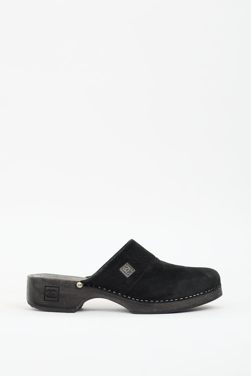 Chanel Black Suede Logo Clog Mule