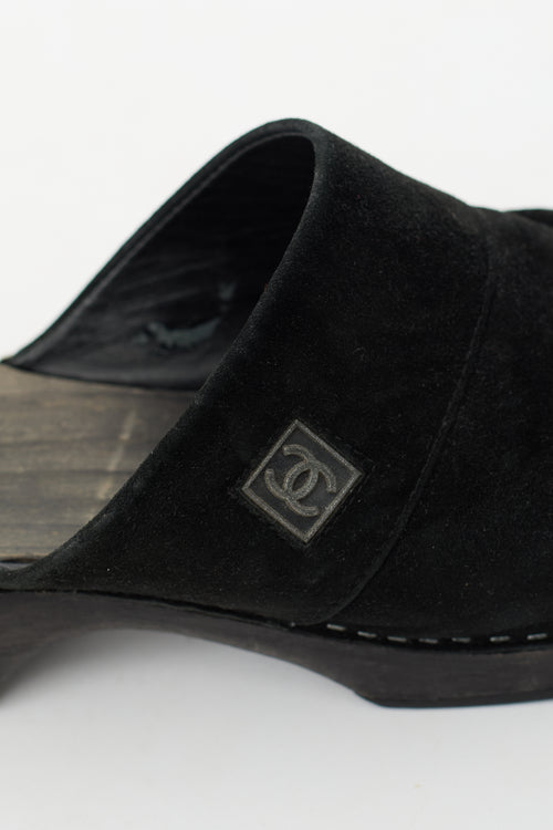 Chanel Black Suede Logo Clog Mule