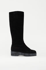 Chanel Black Suede Platform CC Embroidered Boot