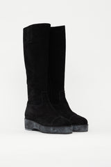Chanel Black Suede Platform CC Embroidered Boot