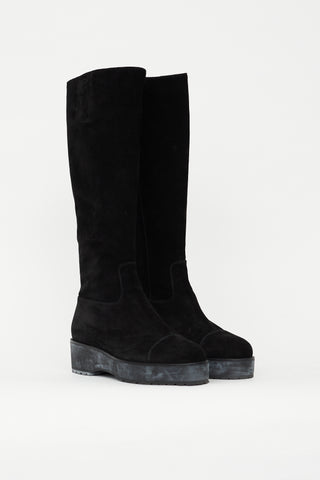 Chanel Black Suede Platform CC Embroidered Boot