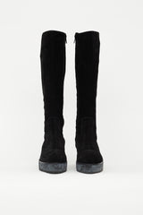 Chanel Black Suede Platform CC Embroidered Boot