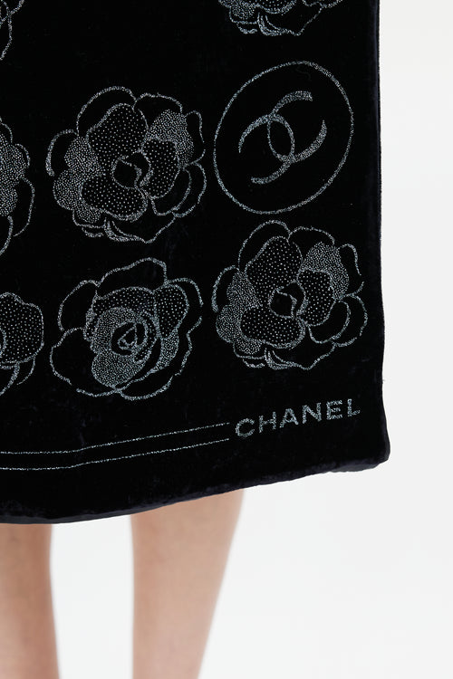 Chanel Black Velvet Floral Crystal Scarf