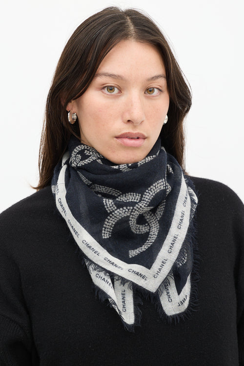 Chanel Black & White Cashmere Chainlink Logo Scarf