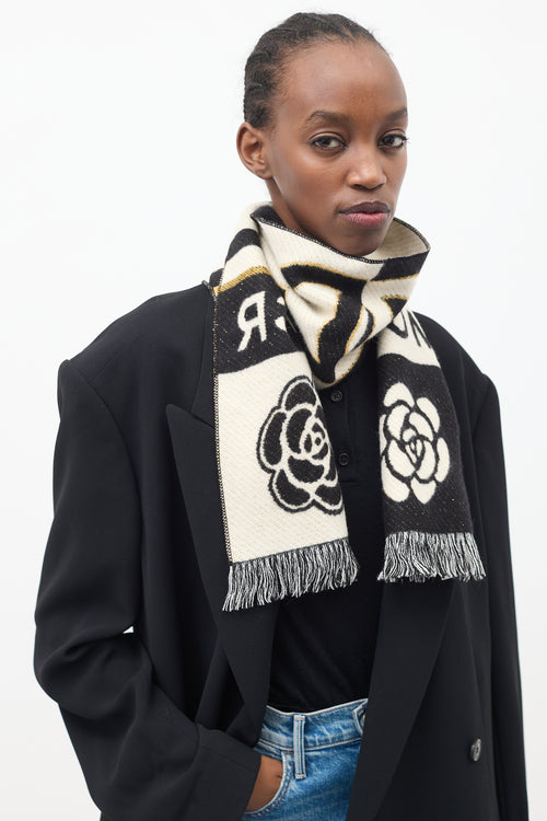 Chanel Black & White Cashmere & Wool MCR Camellia Scarf