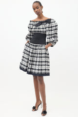 Chanel Black & White Plaid Off Shoulder Dress