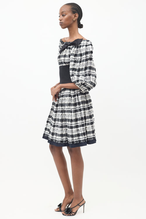 Chanel Black & White Plaid Off Shoulder Dress