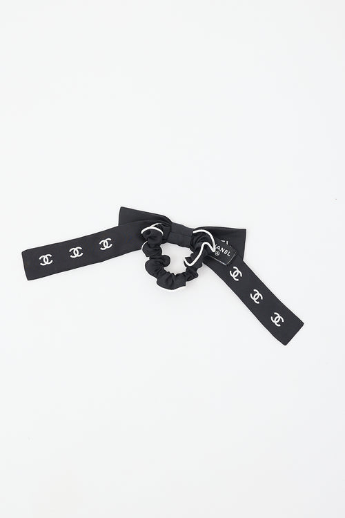 Chanel Black & White Silk Logo Bow Scrunchie