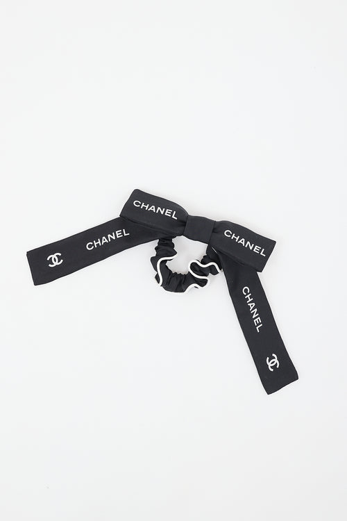 Chanel Black & White Silk Logo Bow Scrunchie